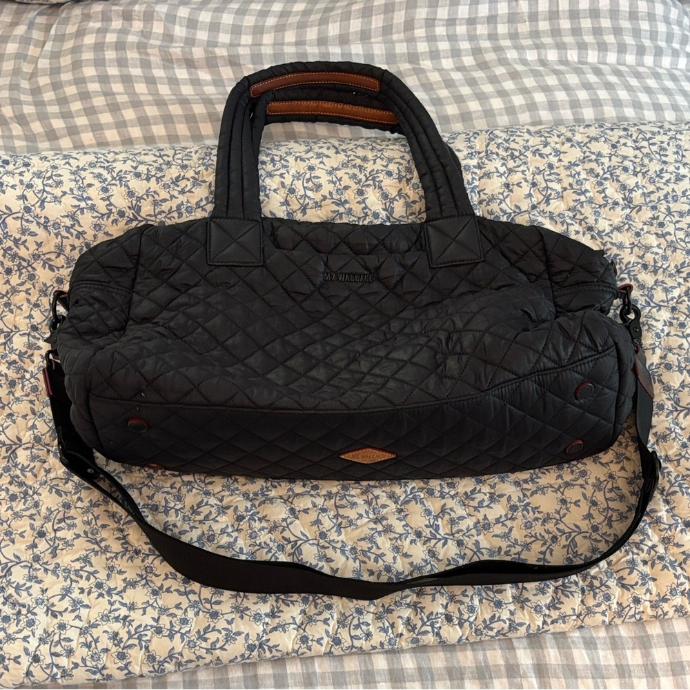 MZ Wallace Black Quilted Tote with Tan Leather Trim